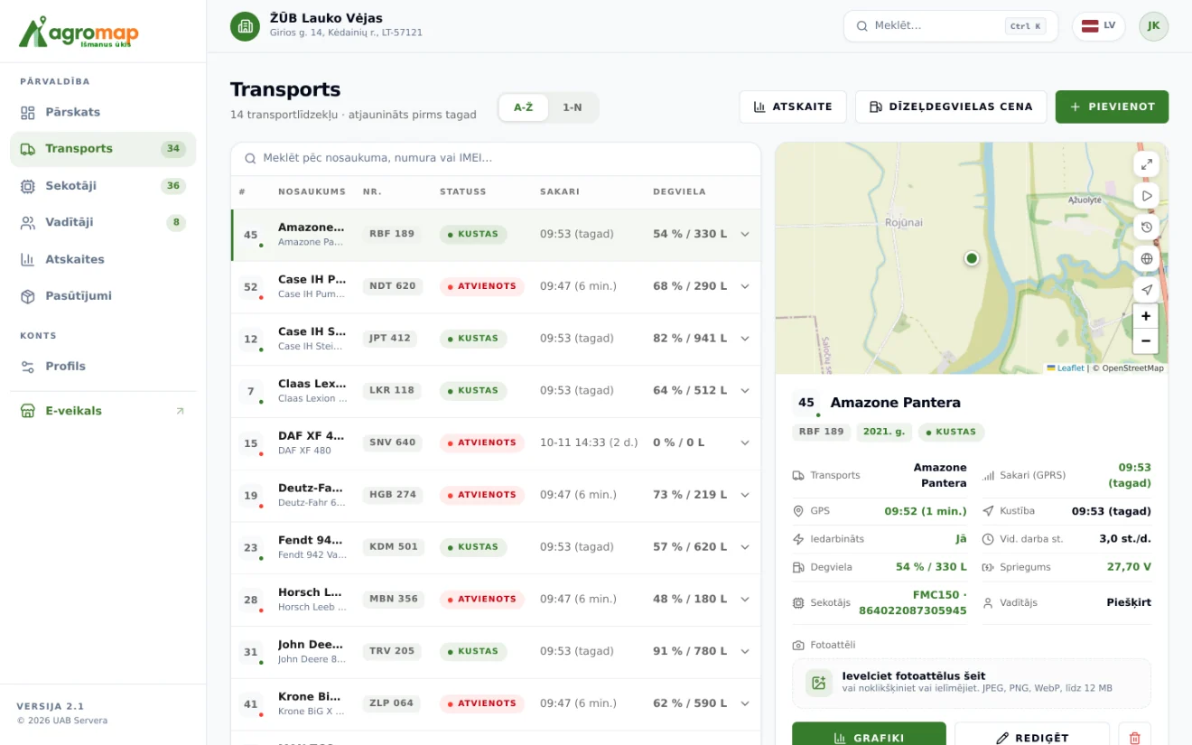 AgroMap sistēma datorā: tehnika kartē un tās darba stundas